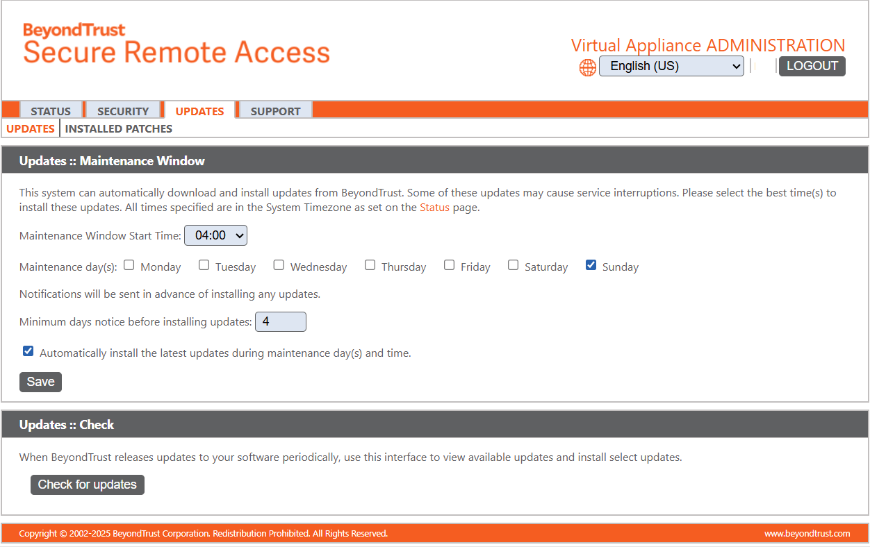 BeyondTrust Secure Remote Access interface showing the 'Updates' tab under Virtual Appliance Administration. The page includes a button labeled 'Check for updates' and instructions indicating that this interface is used to view and install available software updates released by BeyondTrust.