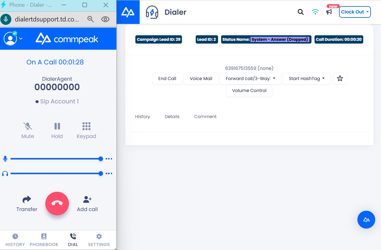 Screenshot of the Softphone launched automatically with the **Use WebRTC** option selected