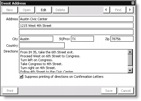 From Events, select Define an event, double-click an event, click More, and select Address