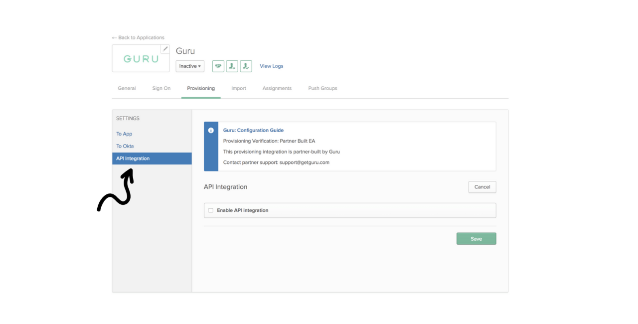 Setting up Okta Push Groups click on API Integration