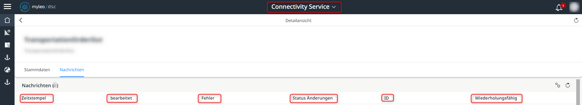 Anzeige der Spalten innerhalb des Connectivity Service
