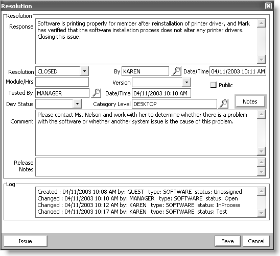From Issues, select View and enter issues, open an issue, click Edit, and click Resolution.