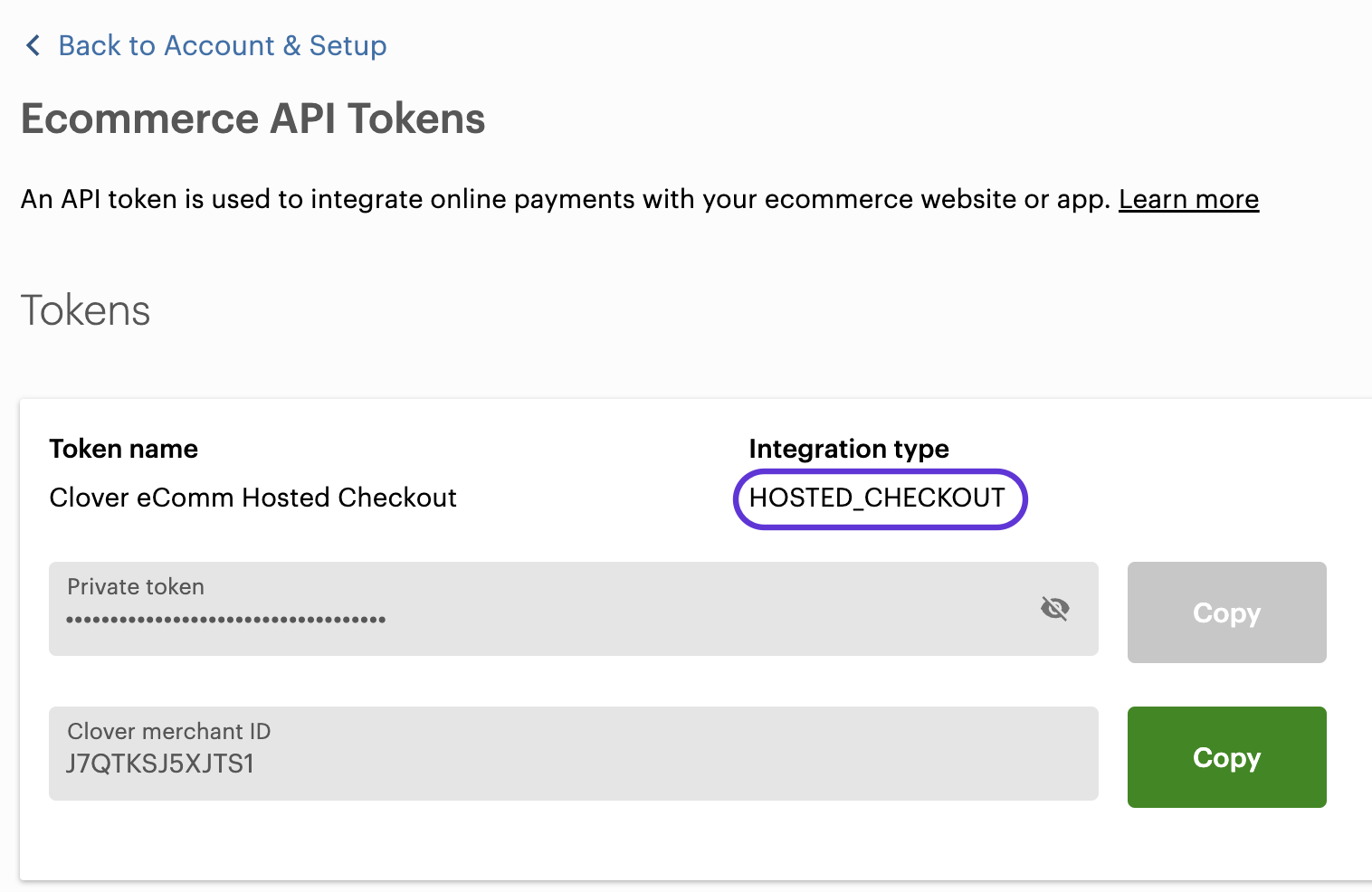 Sample: Ecommerce API private token and merchant ID for hosted checkout integration