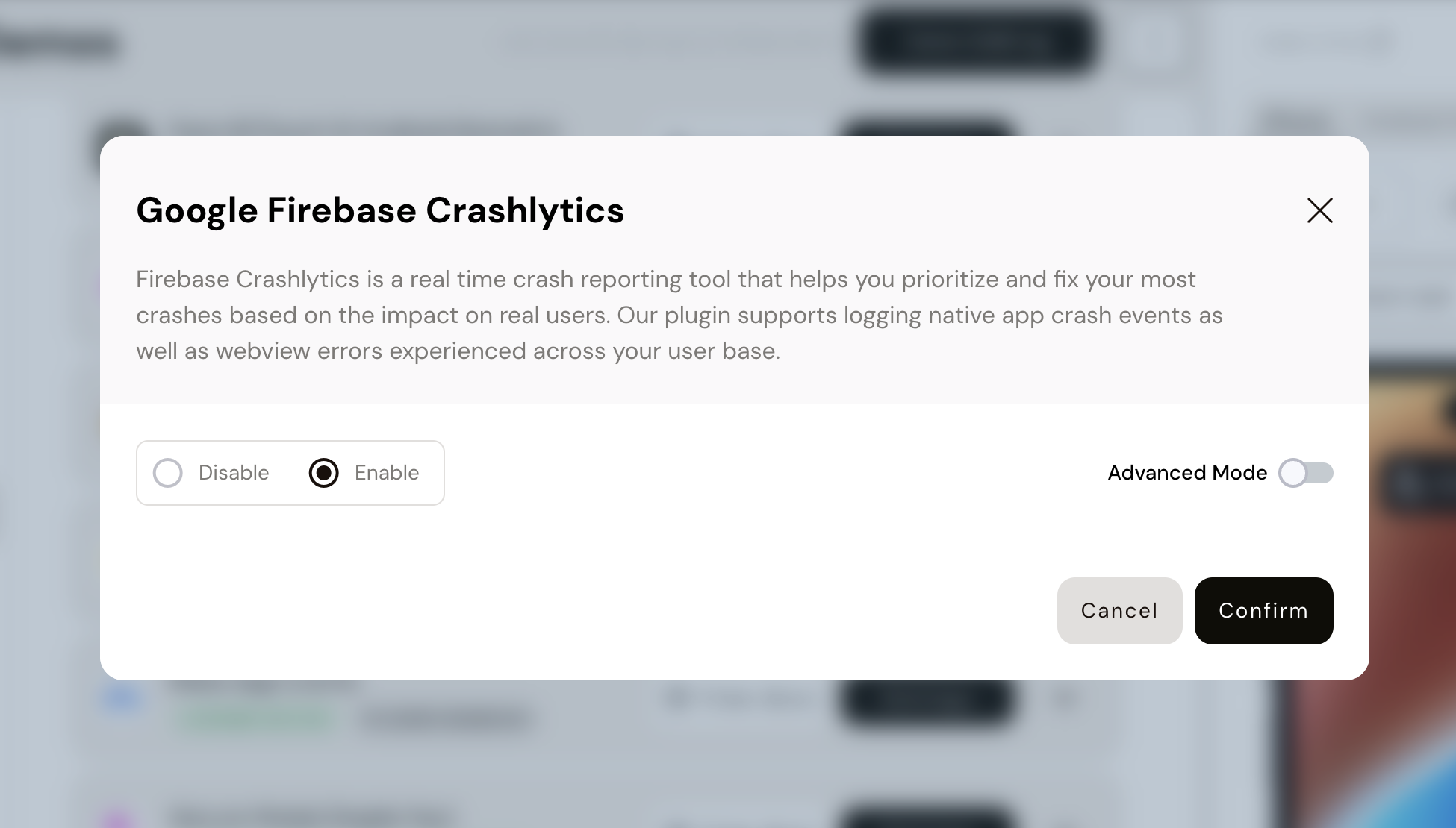 Figure 3: Enable Google Firebase Crashlytics on App Studio
