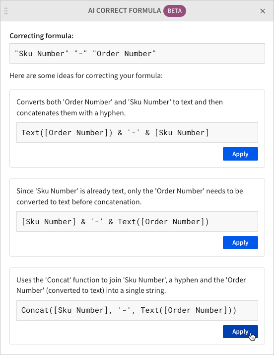 "AI correct formula" modal displaying three suggested formula corrections..