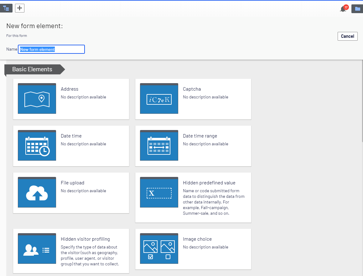 Screenshot of the Browse button where selecting a form element from the content tree