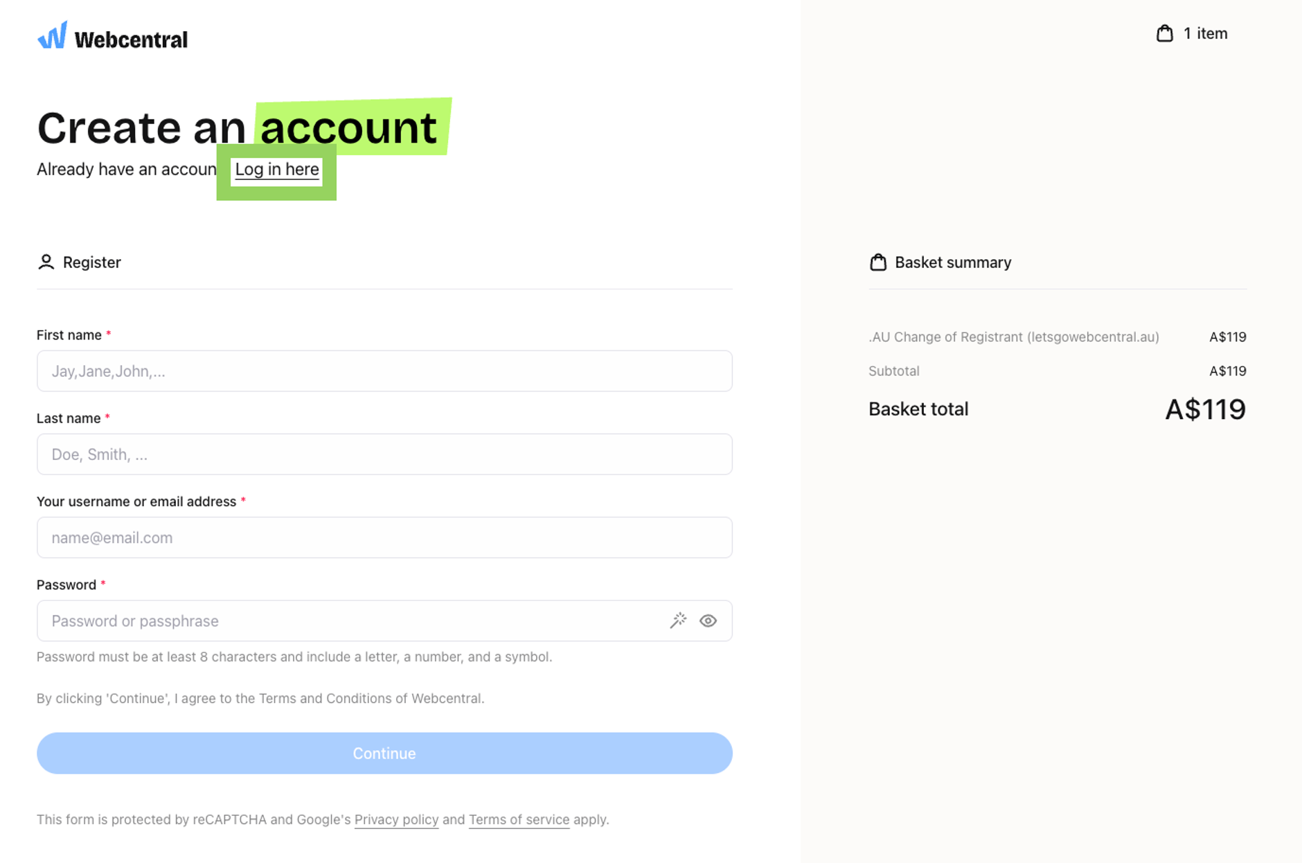 Create an account page with the Log in here link highlighted next to Already have an account