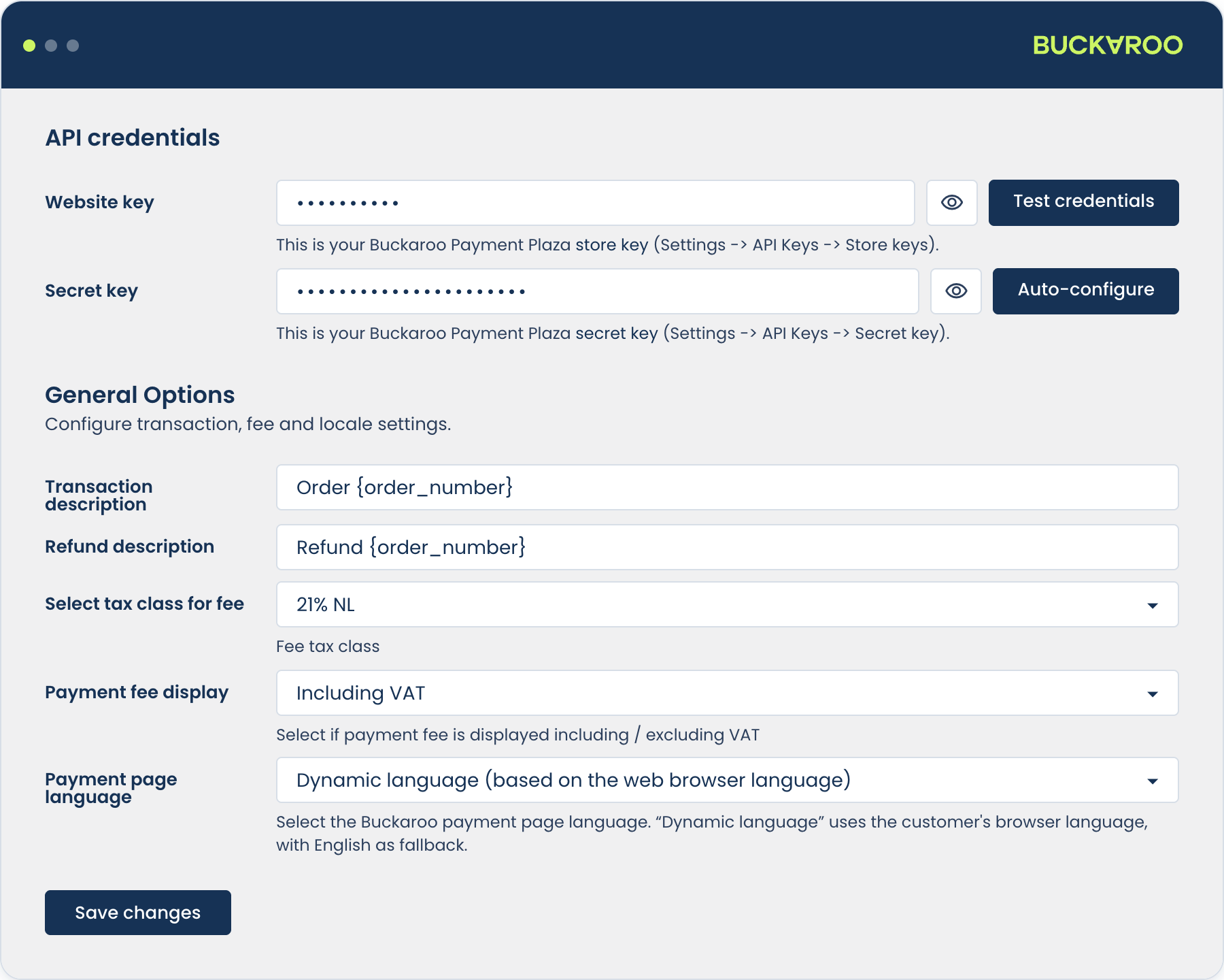 Buckaroo WooCommerce plugin API keys configuration example