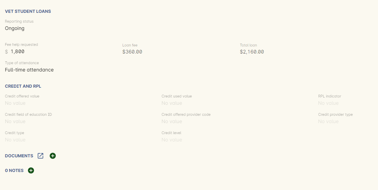 Figure 484. VET Student Loan fields shown after setting the reporting status as "Ongoing"