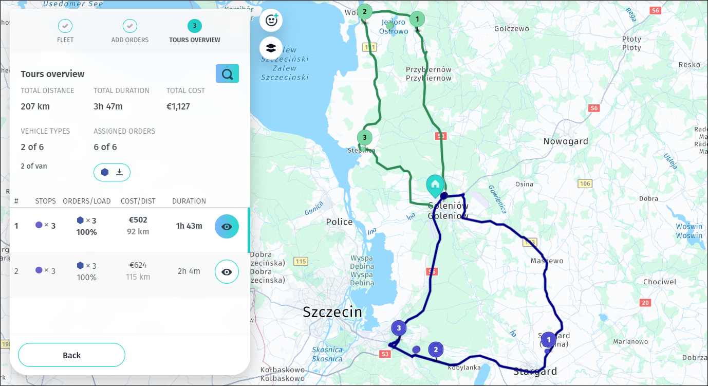VRP solution with minimum number of stops